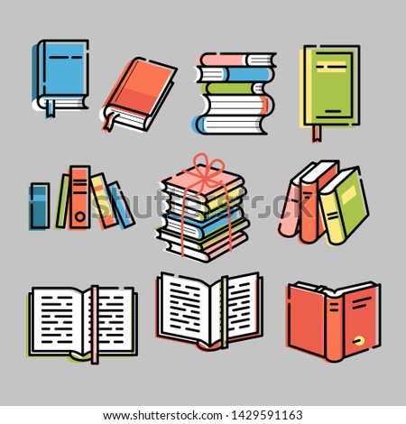 Set of book icons. Open book, bunch of books, stack of books. Collection of vector colorful outlined illustrations, isolated.