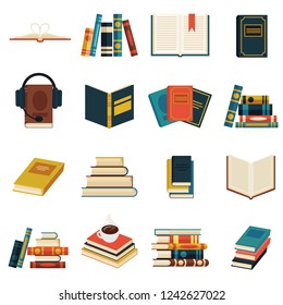 Set of book icons in retro color. Library, education, reading. Open and closed textbook. History and science encyclopedia. Stack of books, vector illustration