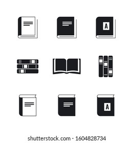 Set of book icons in single color. Simple images open book and different covers. To illustrate education, reading, library. Isolated illustration on white background. Flat style. Vector stock image