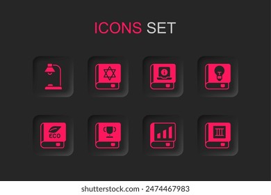 Set Book, Jewish torah book, Table lamp, Financial, User manual,  and about ecology icon. Vector