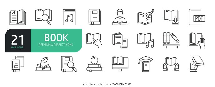 Set Of Book Line Icons. Contains such icons as Open 
Books, Bible, Novel, Dictionary, Literature Education, and more.