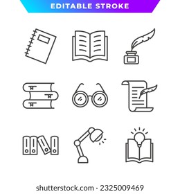 Set of Book and Literature Outline Icon. Pen, Ink, Lamp, Bulb, Paper, Quill, Glasses, and More. Editable Stroke. Vector Eps 10