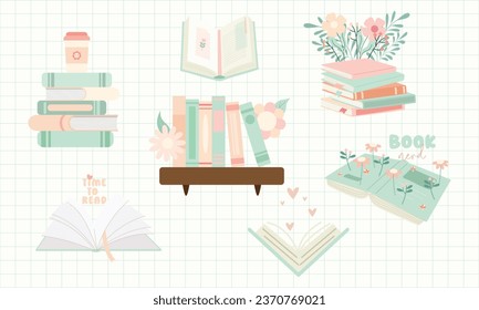 Set of book lover and elements for reading, Open book, Book with Flower	