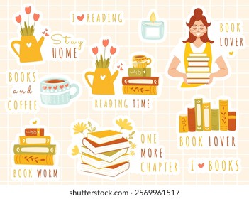 Set of book lover and reading stickers - cute vector elements in hand drawn flat cartoon style. Stack of books with flowers, young girl holding stack of books. World book day concept