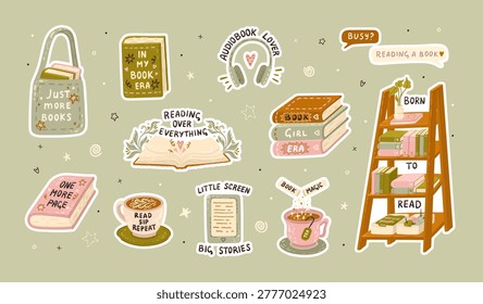 Set of book lover stickers. Open book, coffee, e-reader, bookshelf, and stacks of books. Cozy reading. Vector.