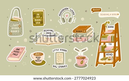 Set of book lover stickers. Open book, coffee, e-reader, bookshelf, and stacks of books. Cozy reading. Vector.