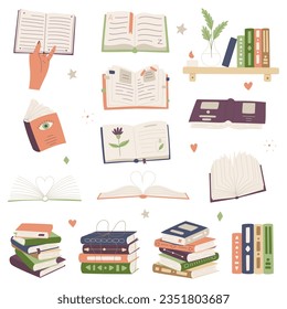 Set for book lovers. Books in hand, stack of books, bookshelf, open book. Reading, education, learning. Cartoon flat vector illustration isolated on white background