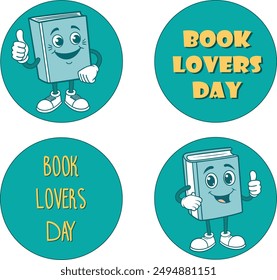 Set of Book Lovers Day icons, book characters and text variations in teal and yellow, for badges, stickers, and web icons. Uses a friendly and approachable design
