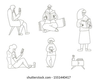 Set of book lovers isolated on white background. Collection of male and female persons  holding a books. Vector illustration in doodle style.