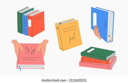 Set for book lovers. Various books; stacks of books with bookmarks; hands holding books. Flat educational vector illustration isolated on white background. Reading motivation. Everything is isolated.