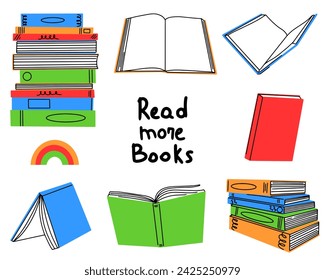 Set for book lovers. Various books, stack of books, notebooks. Flat design. Cartoon style. Vector illustration.