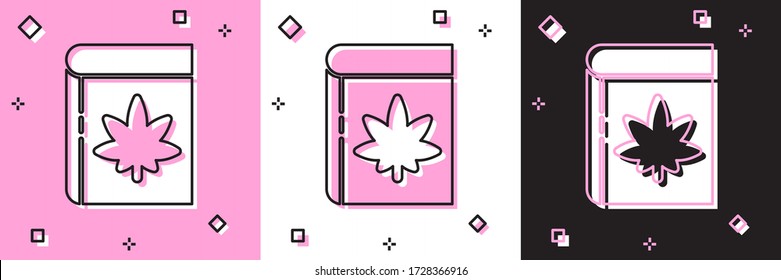 Establece un icono del libro y la marihuana o hoja de cannabis aislado en un fondo rosa y blanco, negro. Símbolo de cáñamo. Ilustración vectorial