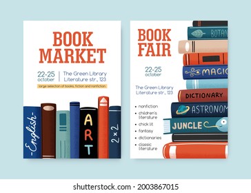 Set von Buchmarkt und Fair-Poster mit Platz für Text-Vektorgrafik. Vorlage für die Ankündigung des Handels Literatur-Ereignis in der Bibliothek. Promo mit Unterhaltungs- und Bildungsbüchern. 