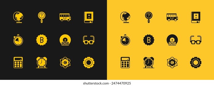 Set Book with mathematics, Alarm clock, CD or DVD disk, Atom, Exam paper incorrect answers, School Bus, Earth globe and Unknown search icon. Vector