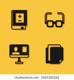 Set Book with mathematics, File document, Online class and Glasses icon with long shadow. Vector