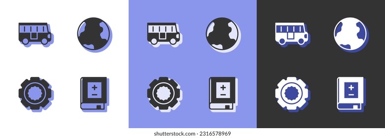 Set Book with mathematics, School Bus, Gear and Earth globe icon. Vector