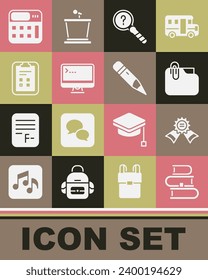 Set Book, Medal, Document folder with clip, Unknown search, Computer monitor, Exam sheet check mark, Calculator and Pencil eraser icon. Vector