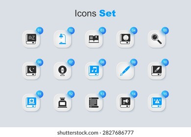 Set Book, Microphone, Table lamp, User manual, Ancient magic book, about weapon, Translator and Audio icon. Vector