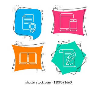 Set of Book, Mobile devices and Certificate icons. Feather sign. E-learning course, Smartphone with tablet, Diploma. Copyright page.  Flat geometric colored tags. Vivid banners. Trendy graphic design