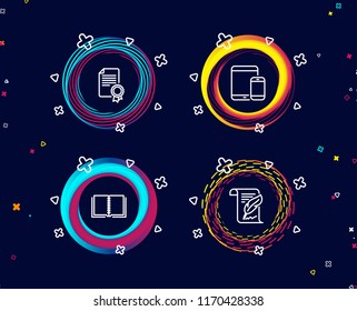 Set of Book, Mobile devices and Certificate icons. Feather sign. E-learning course, Smartphone with tablet, Diploma. Copyright page.  Circle banners with line icons. Gradient colors shapes. Vector