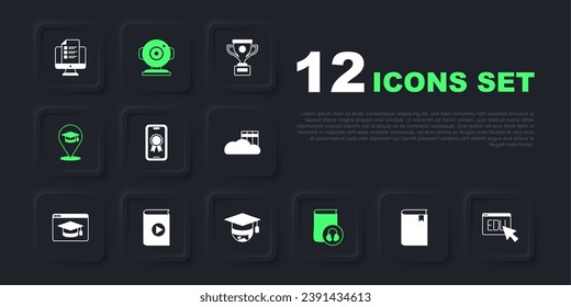 Set Book, Online education, with diploma, Audio book, Web camera and Graduation cap globe icon. Vector