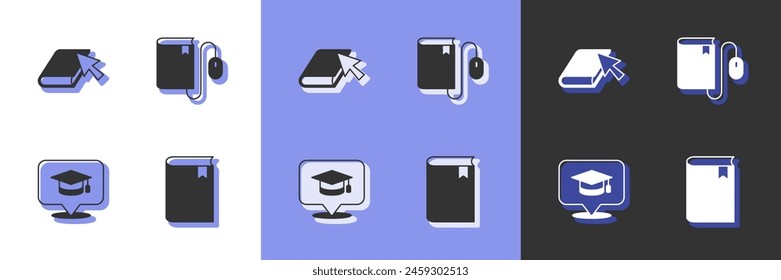 Set Libro, libro en línea, burbuja de voz de la gorra de graduación y Electrónica con el icono del ratón. Vector