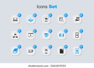 Set Book, Online play video, education, Graduation cap mobile, class and globe icon. Vector