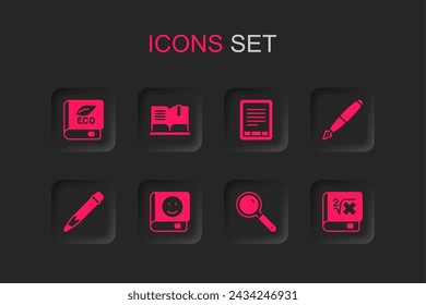 Set Book, Open book, about ecology, Magnifying glass, Fountain nib, with mathematics, E-Book reader and Pencil eraser icon. Vector