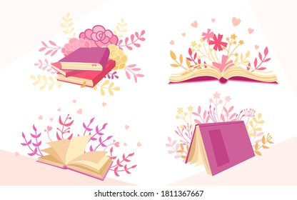 Set book with plant pink, purple branches. Hand drawn leaves and textbooks, hardbacks, empty pages for library. Reading, learn and receive education through books collection. Vector illustration