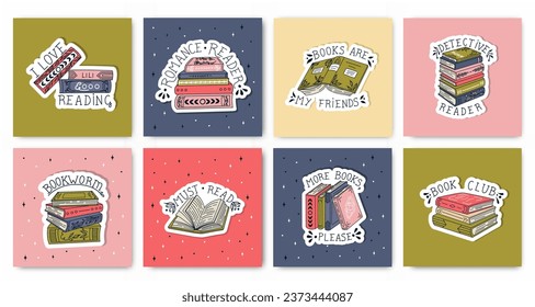 Set of book postcards. Stacks of books and open books to read in flat design style. World Book Day. Vector.