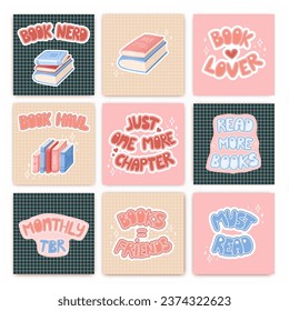 Juego de postales de libros. Pilas de libros y libros abiertos para leer en un estilo de diseño plano. Día Mundial del Libro. Vector.