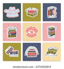 Juego de postales de libros. Pilas de libros y libros abiertos para leer en un estilo de diseño plano. Día Mundial del Libro. Vector.