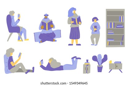 Set of book readers characters isolated on white background. Collection of male and female persons different ages holding and leafing through popular literature. Vector flat illustration.