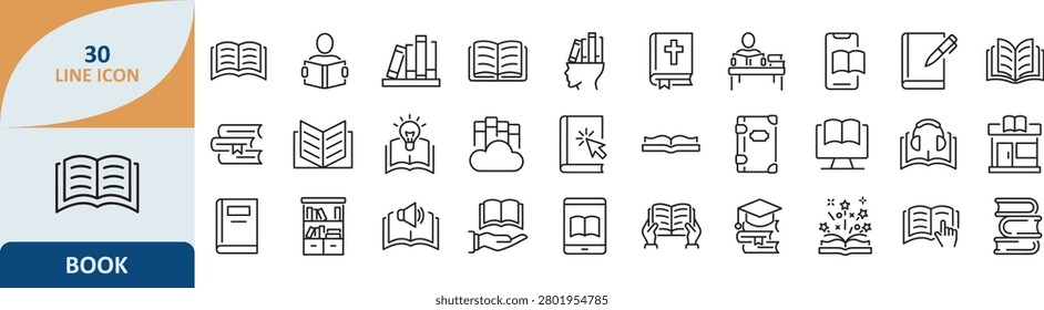 Set of book reading and literature vector line icons with education literature learning bookmark knowledge university reference academic textbook publication collection minimalist literary