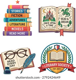 Set of book and reading themed illustrations featuring a stack of novels, open fantasy storybook, quill pen and literary society emblem
