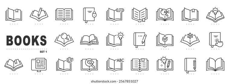 Set of book related line icons. Textbook, open book, page, literature etc. Editable stroke.