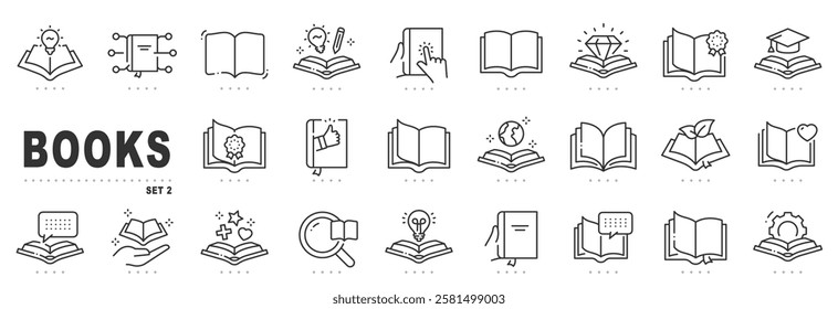 Set of book related line icons. Textbook, open book, page, literature etc. Editable stroke. Set 2