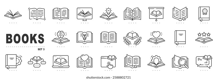 Set of book related line icons. Textbook, open book, page, literature etc. Editable stroke. Set 3