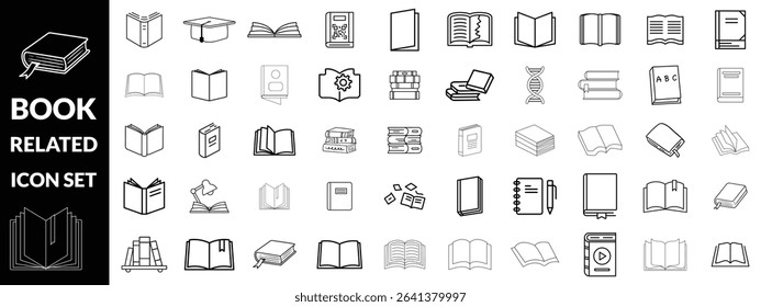 Set of book related line icons. Textbook, open book, page, literature etc. Editable stroke design,  big icon set 