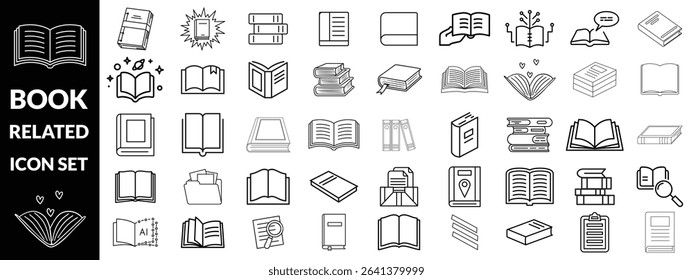 Set of book related line icons. Textbook, open book, page, literature etc. Editable stroke design,  big icon set 