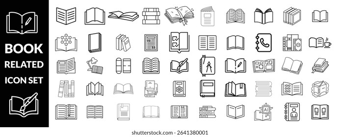 Set of book related line icons. Textbook, open book, page, literature etc. Editable stroke design,  big icon set 