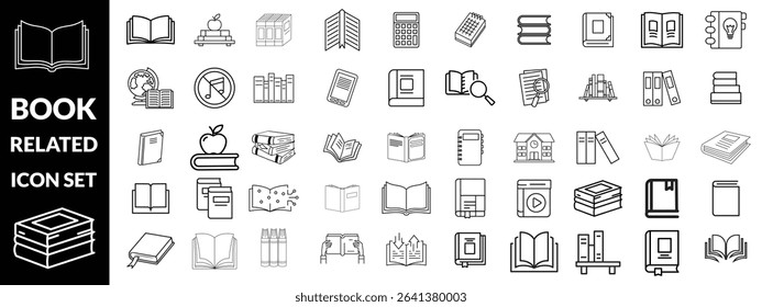 Set of book related line icons. Textbook, open book, page, literature etc. Editable stroke design,  big icon set 