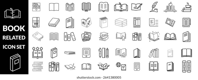 Set of book related line icons. Textbook, open book, page, literature etc. Editable stroke design,  big icon set 
