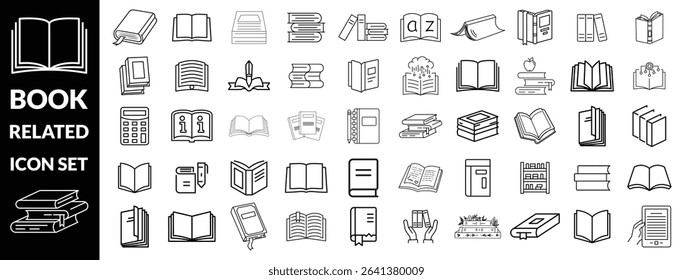 Set of book related line icons. Textbook, open book, page, literature etc. Editable stroke design,  big icon set 