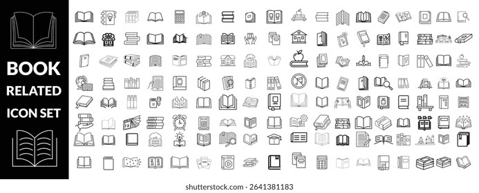 Set of book related line icons. Textbook, open book, page, literature etc. Editable stroke