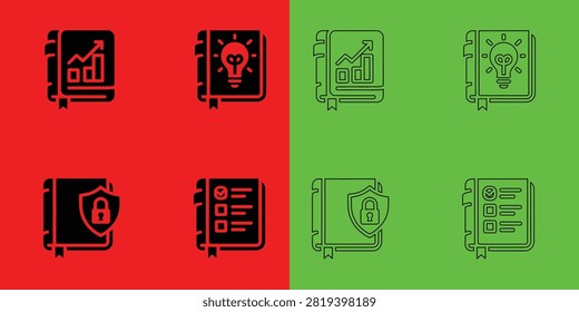 Set of book representing analytics, insights, security, and checklists in solid black and outline styles