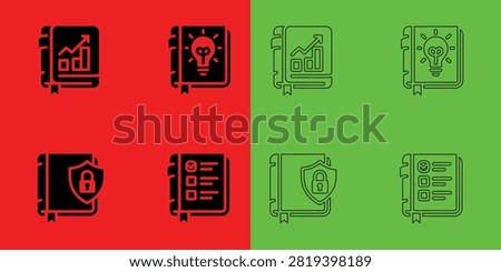 Set of book representing analytics, insights, security, and checklists in solid black and outline styles