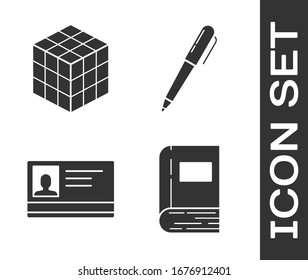 Set Book, Rubik cube, Identification badge and Pen icon. Vector