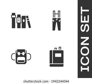 Set Book, , School backpack and Pants with suspenders icon. Vector