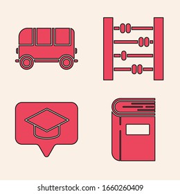 Set Book, School Bus, Abacus and Graduation cap in speech bubble icon. Vector